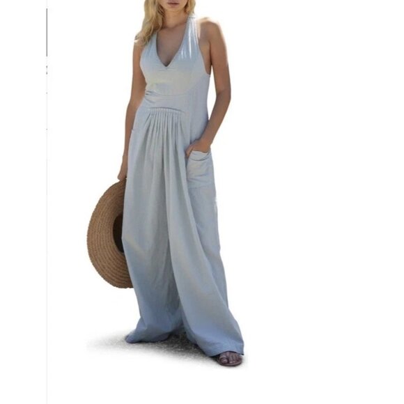 Free People Next Level Jumpsuit Sage Green Cotton Boho Small Wide Leg Sz S - Picture 1 of 16